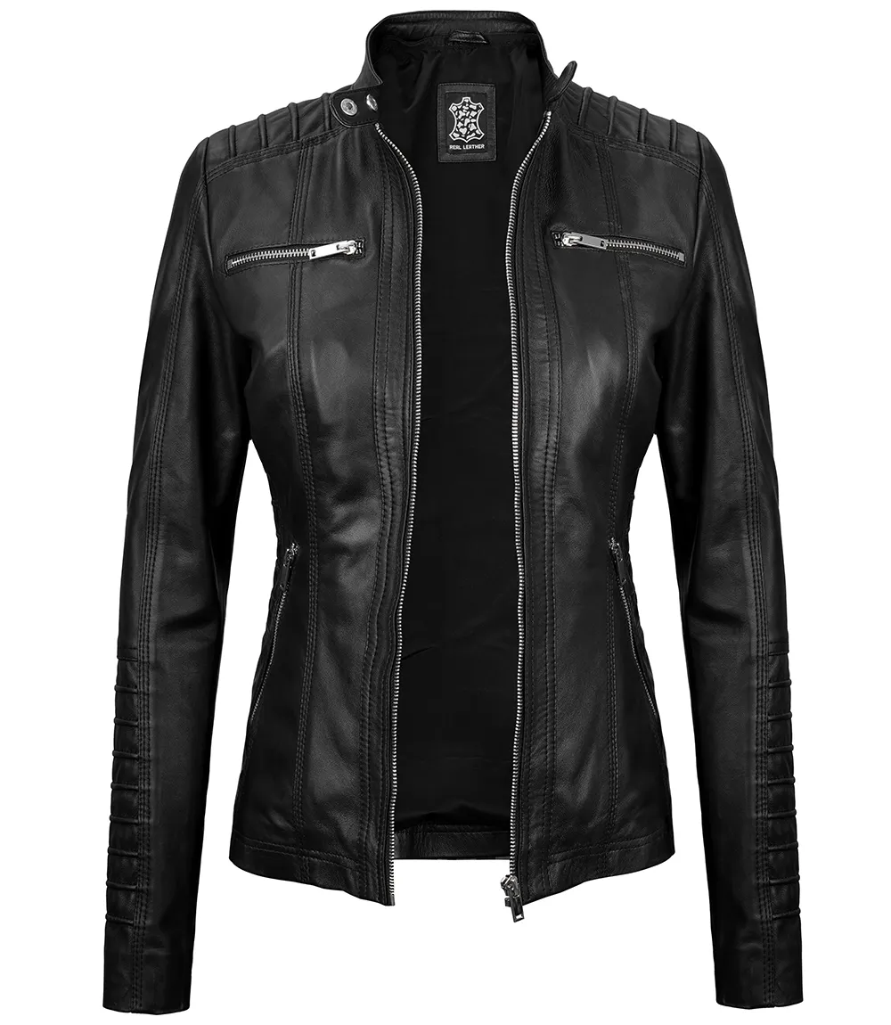 Women's Tall Black Leather Jacket With Removable Hood